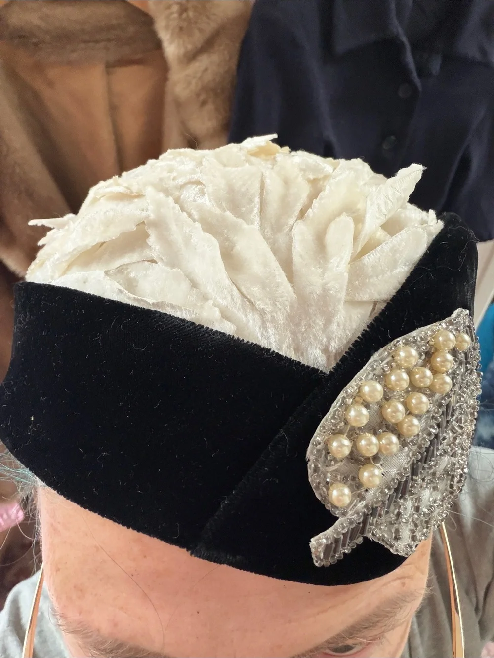 Vintage Black and Ivory Velvet Fascinator Hat with Pearl Leaf Accent